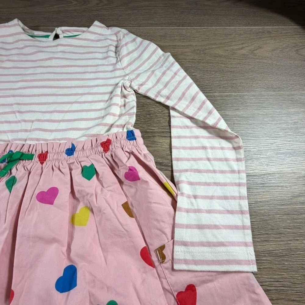 Mini Boden Girls Pink Striped Heart Print Long Sleeve Mixed Media Dress 7/8